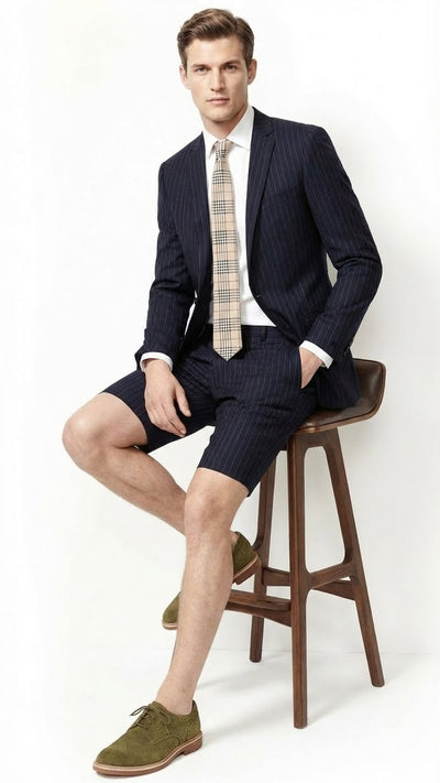 Men’s Dark Navy Blue Pinstripe or Black Pinstripe Summer Business Suit with Shorts Pants Set – Sport Coat Style Formal and Casual Outfit