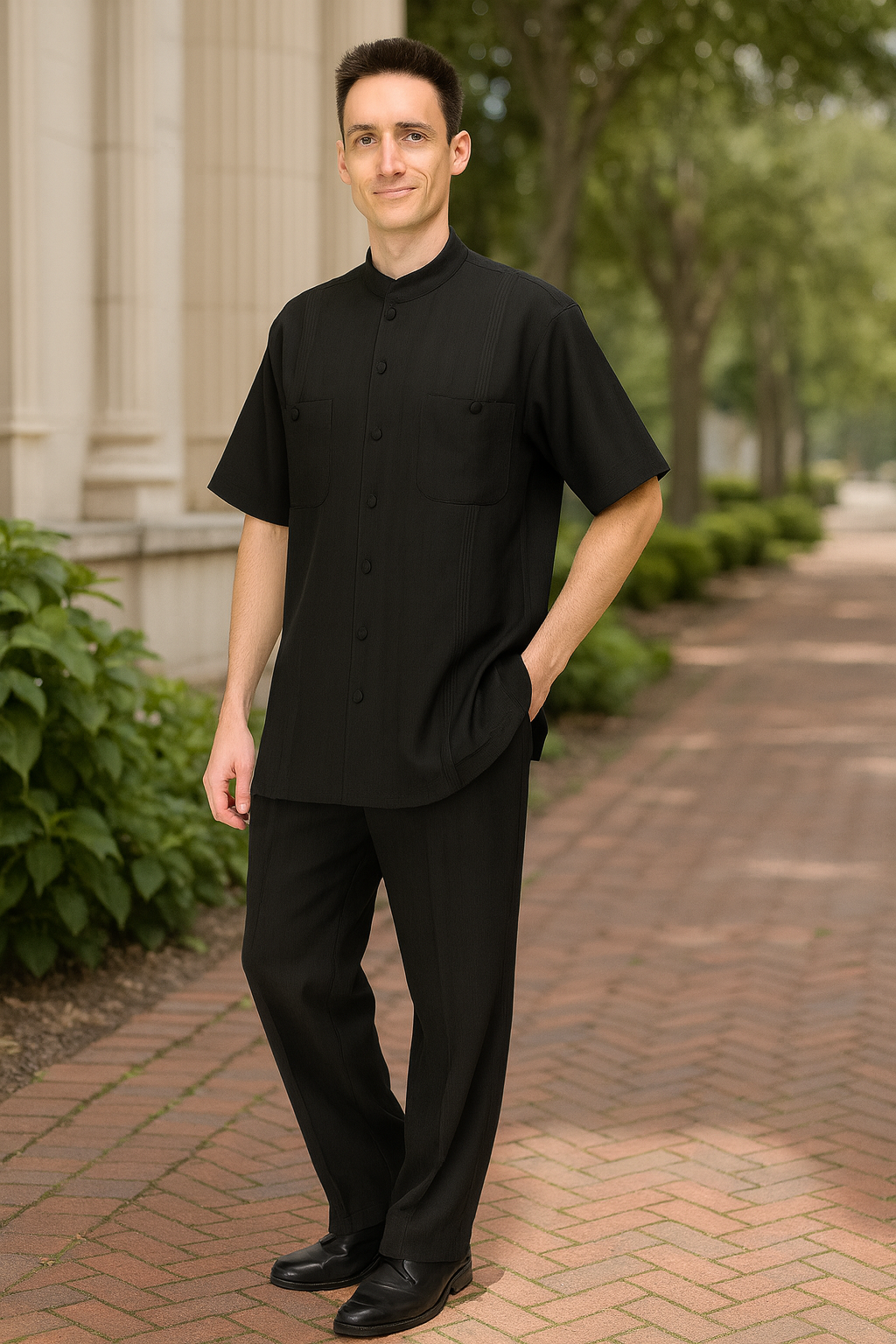 Men’s Black Banded Collar Walking Suit Set