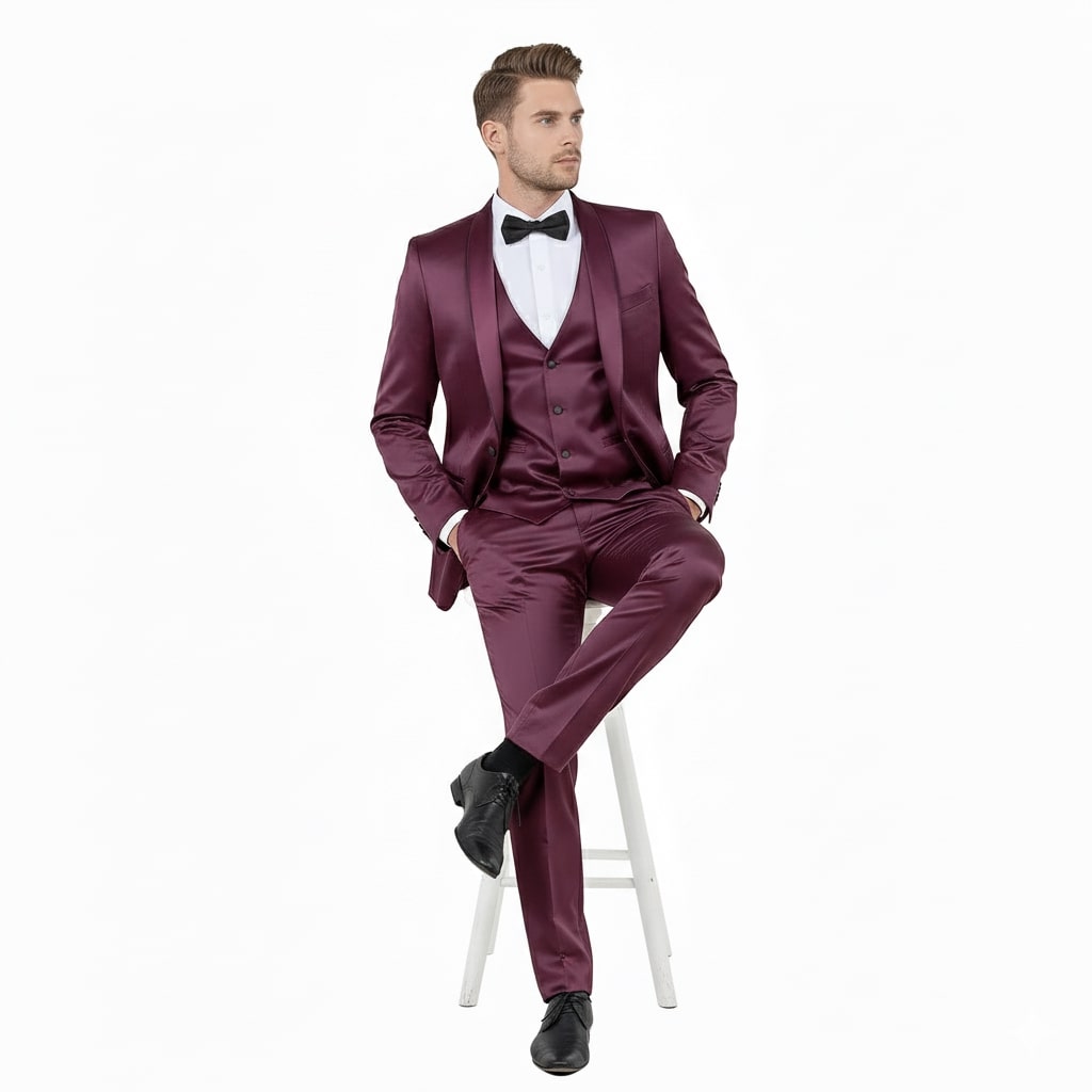 Burgundy Slim Fit Sateen Tuxedo with Shawl Lapel