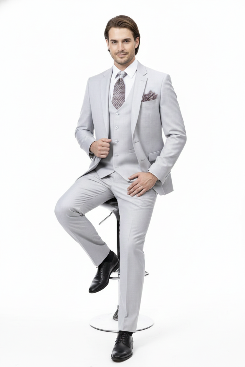 Men’s Very Light Gray Three-Piece Wedding Suit 2 Buttons Modern or Slim Fit Ash Bone Color Steel Grey