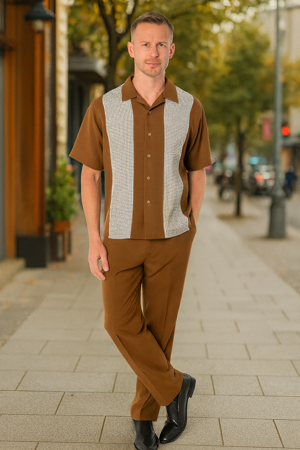 Cognac Tan Two-Piece Shirt and Pants Set