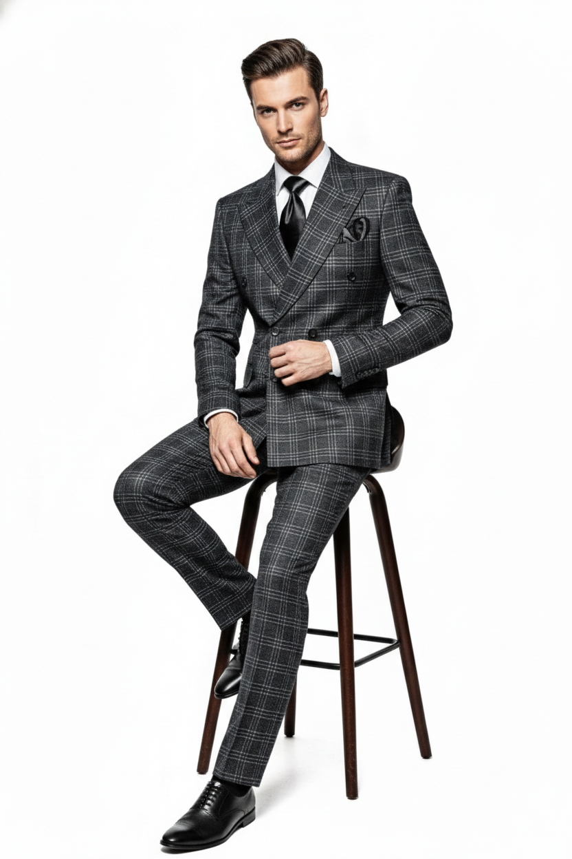 Men’s Charcoal Plaid Double-Breasted Suit – Tailored Pants Windowpane Pattern By Rossiman