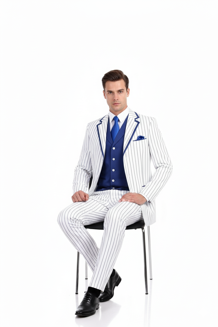 White and Royal Blue Pinstripe 3-Piece Suit