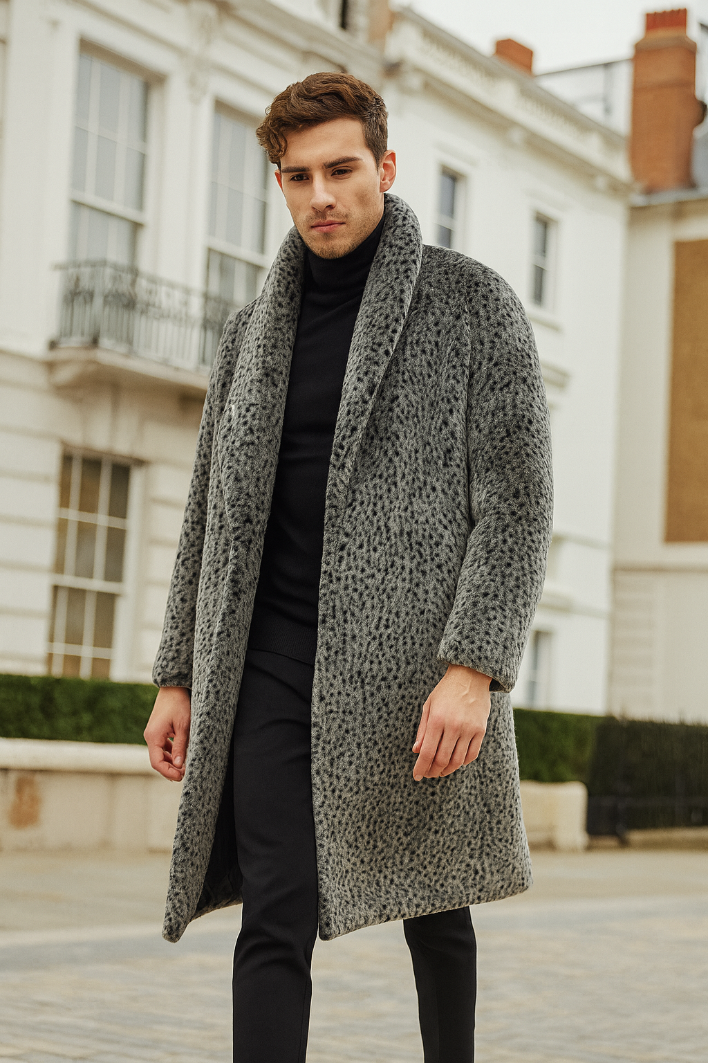 Men’s Grey Faux Fur Animal Print Overcoat