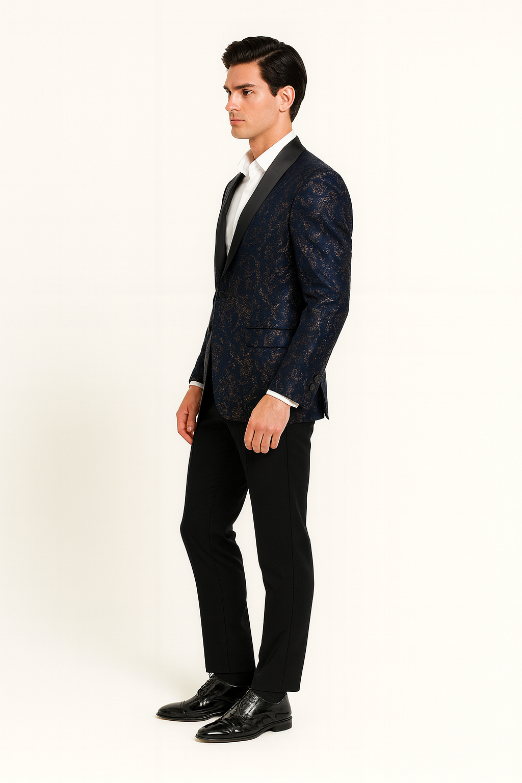 Navy Blue Sequin Tuxedo Jacket with Satin Lapel