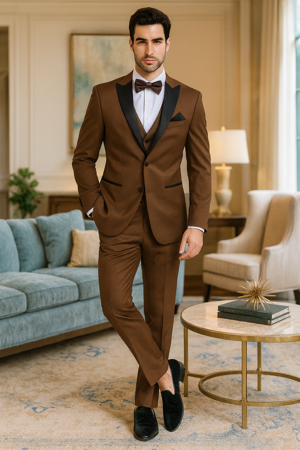 Men’s Light Brown Tuxedo with Black Satin Lapel
