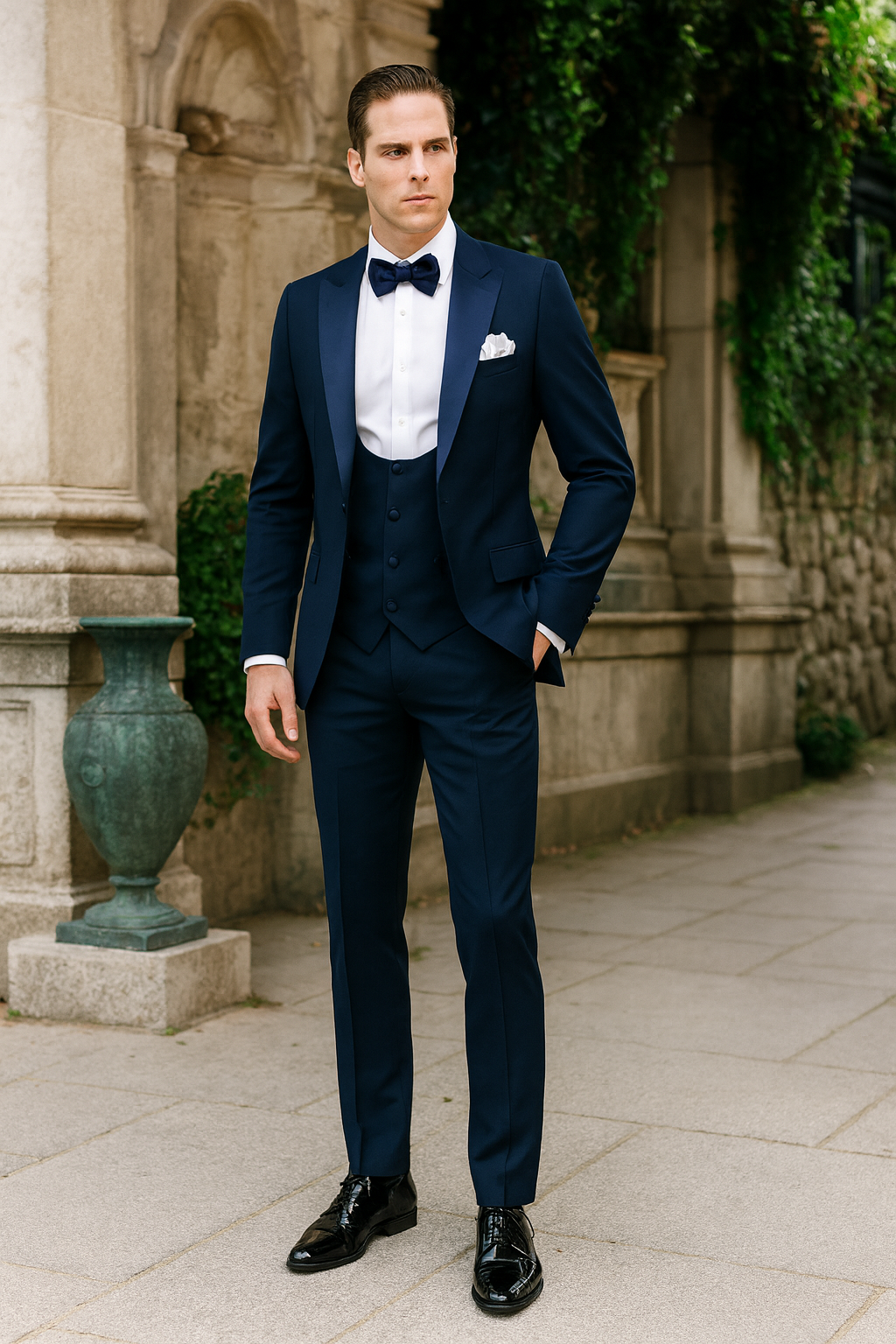 Men's Navy Satin Peak Lapel Tuxedo 3-Piece Set
