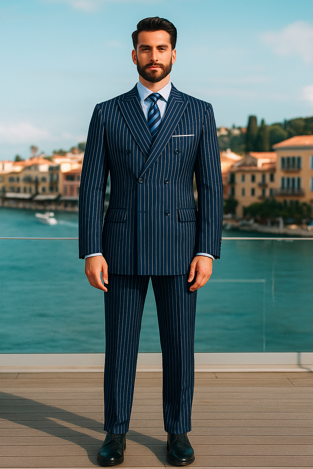 Men’s Royal Blue Pinstripe Double-Breasted Suit – 6-Button Classic Vintage Gangster Style in Inigo Cobalt Blue Pinstripe Color