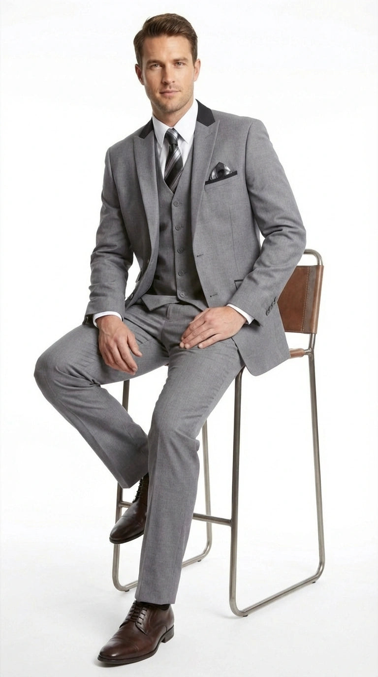 Men’s Light Gray Three Piece Suit with Black Chesterfield Collar – Classic Formal Weddings and Business Suit Set 1920s Vintage