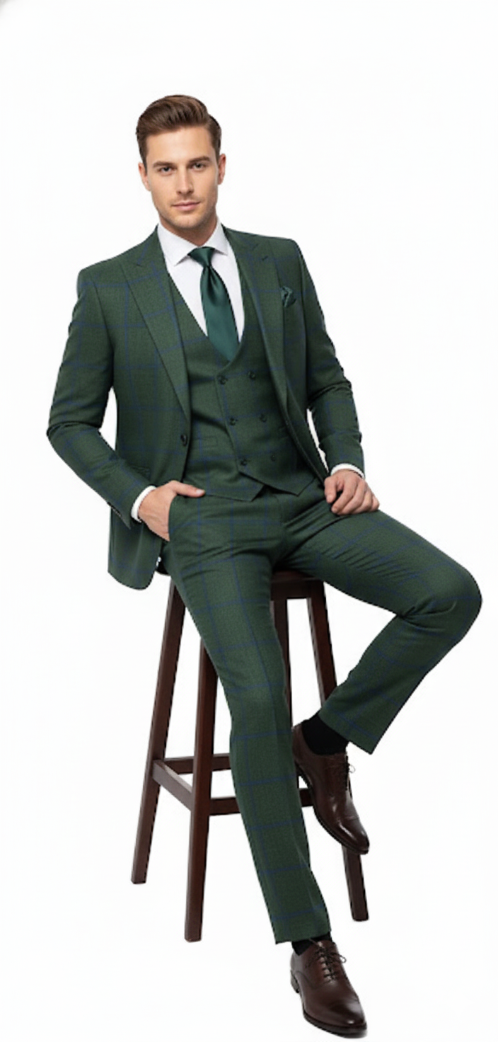 Men’s Green Plaid Classic Slim 3-Piece Suit