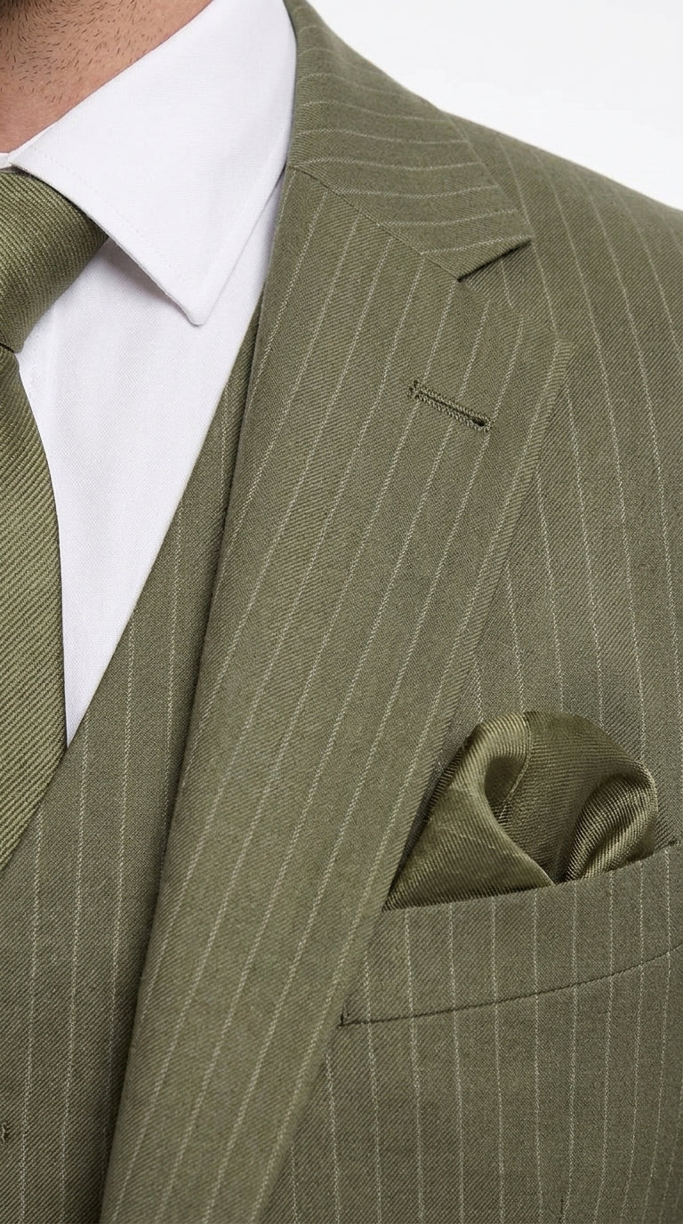 Men’s Olive Green Tone-on-Tone Shadow Pinstripe 3 Piece Suit – Modern Formal Suit with Vest Shadow Stripe