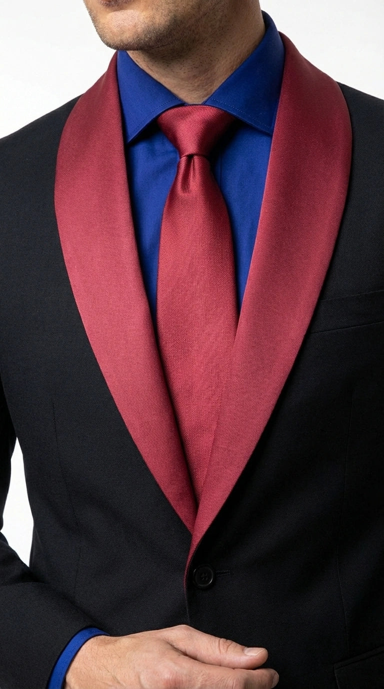 Men’s Black Suit with Burgundy Shawl Lapel – Formal Tuxedo Suit for Wedding, Prom and Evening Events + Bowtie & Tie