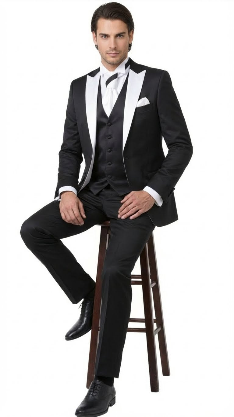 Men’s Black and White Lapel Prom Tuxedo Suit + Black Vest + Black Pants Peak Lapel