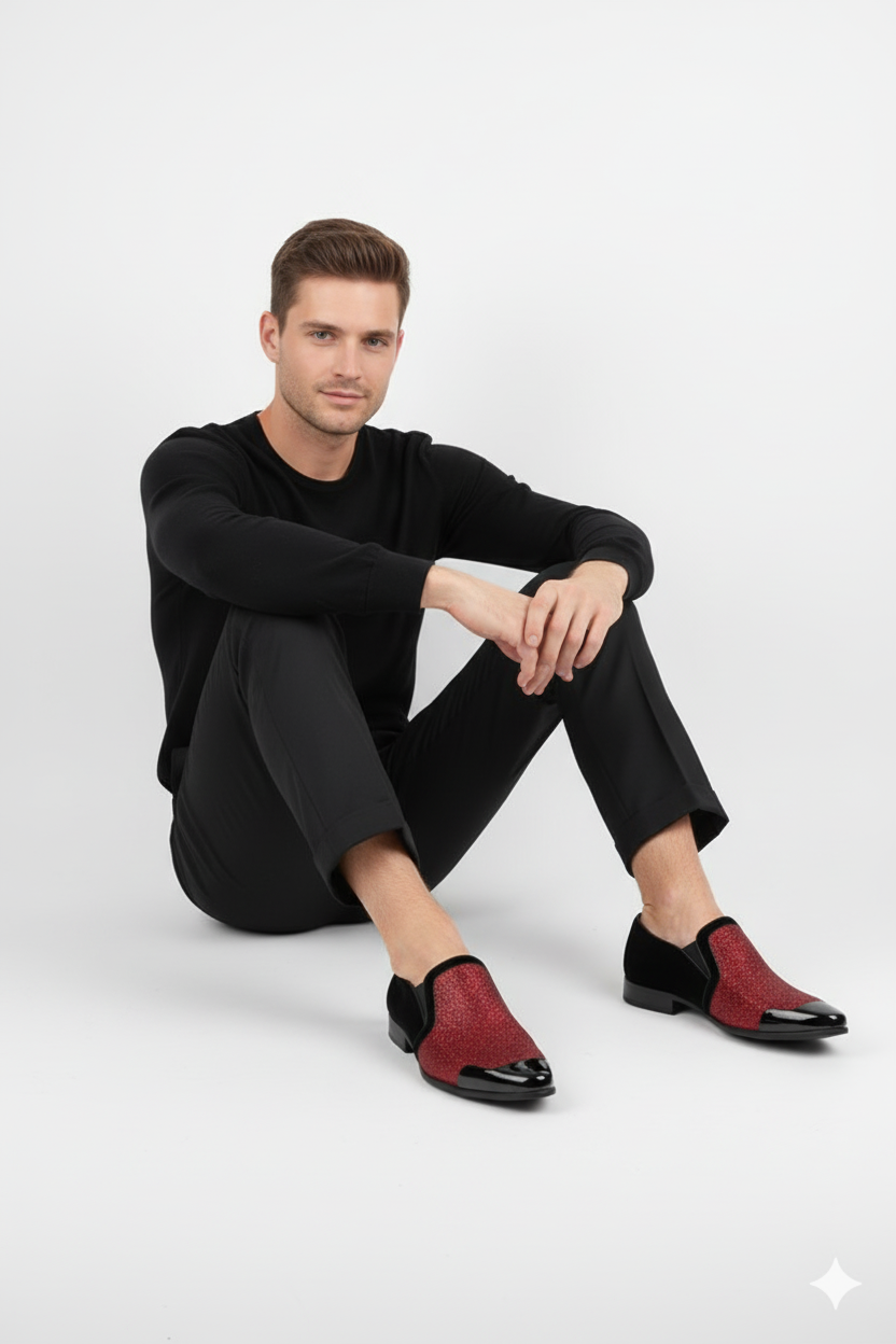 Red Glitter Tuxedo Loafers with Patent Toe