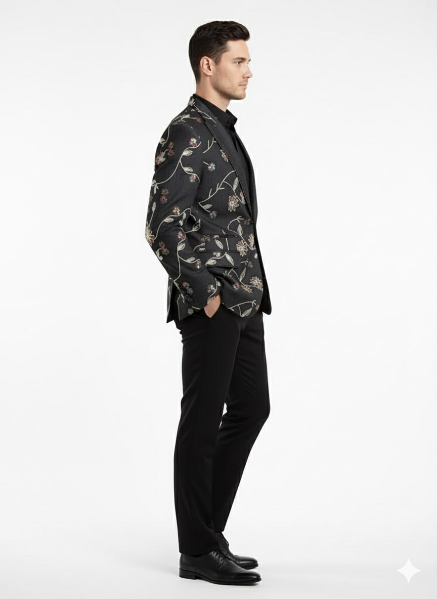 Black Floral Embroidered Designer Men's Blazer