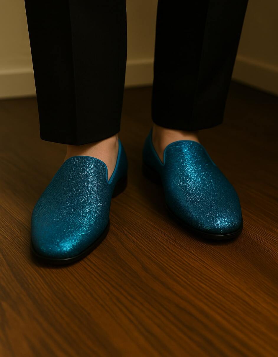 Men's Blue Sequin Glitter Slip-On Loafers