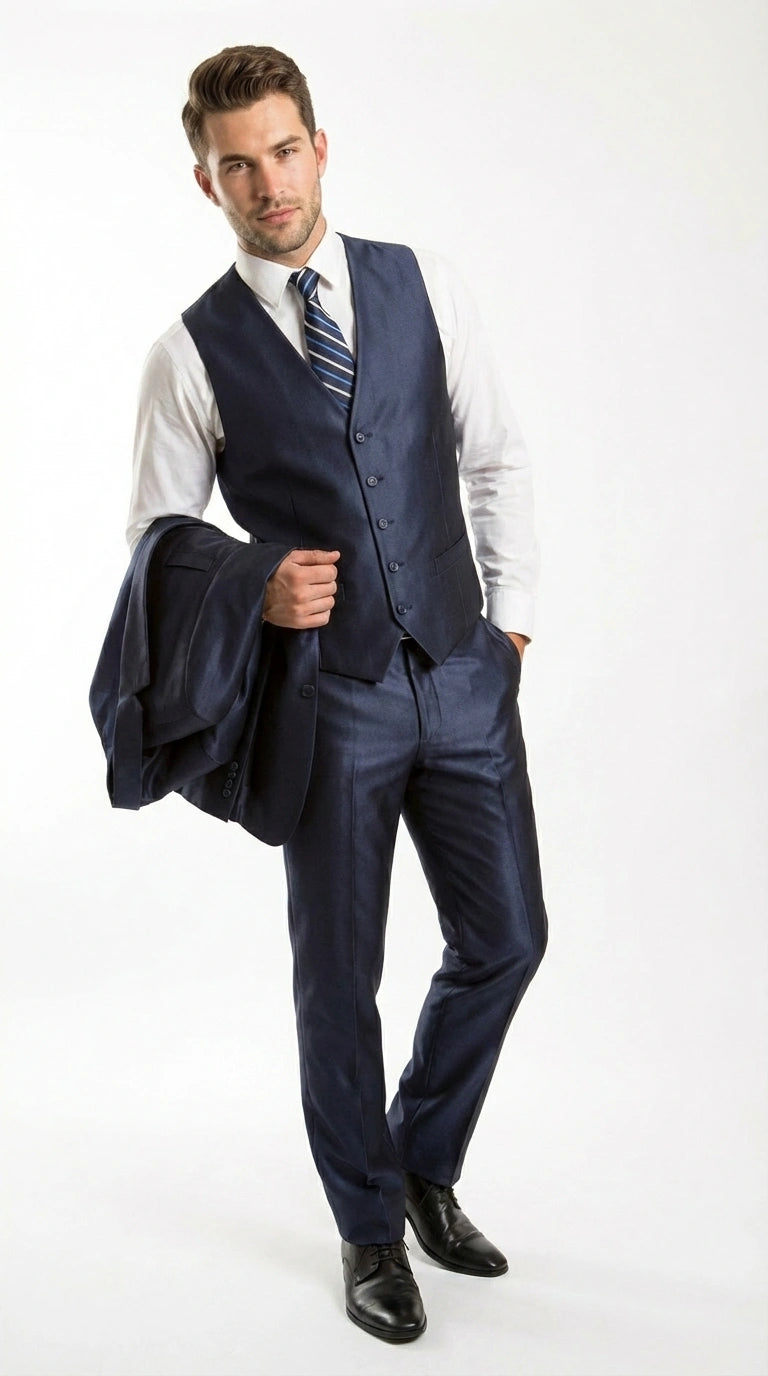 Men’s Navy Blue Sharkskin 3 Piece Suit – Two Button Vested Sleek Formal Suit for Wedding, Prom, Business and Party Wear