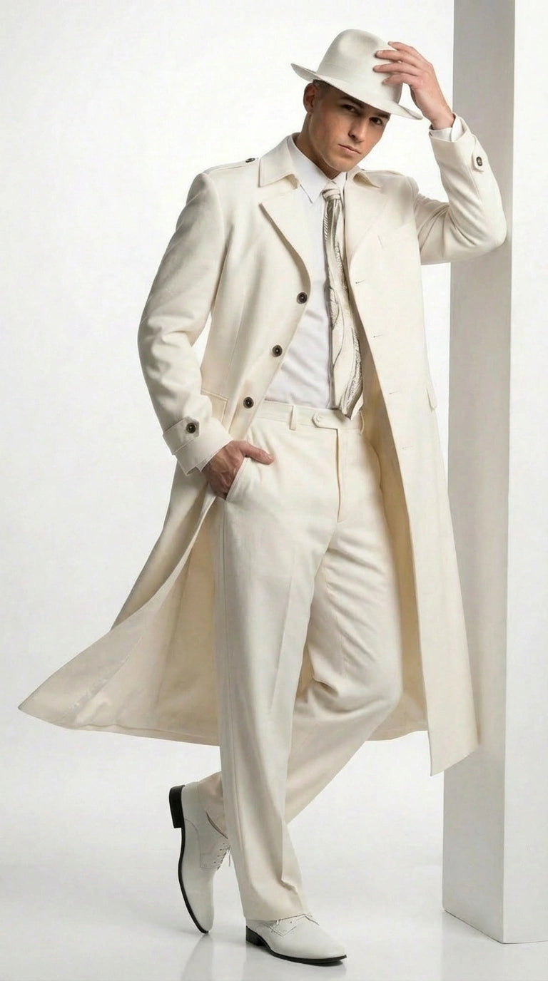 Men’s Ivory Cream Off White Full Length Zoot Suit – Vintage Gangster Style Long Coat Formal Suit