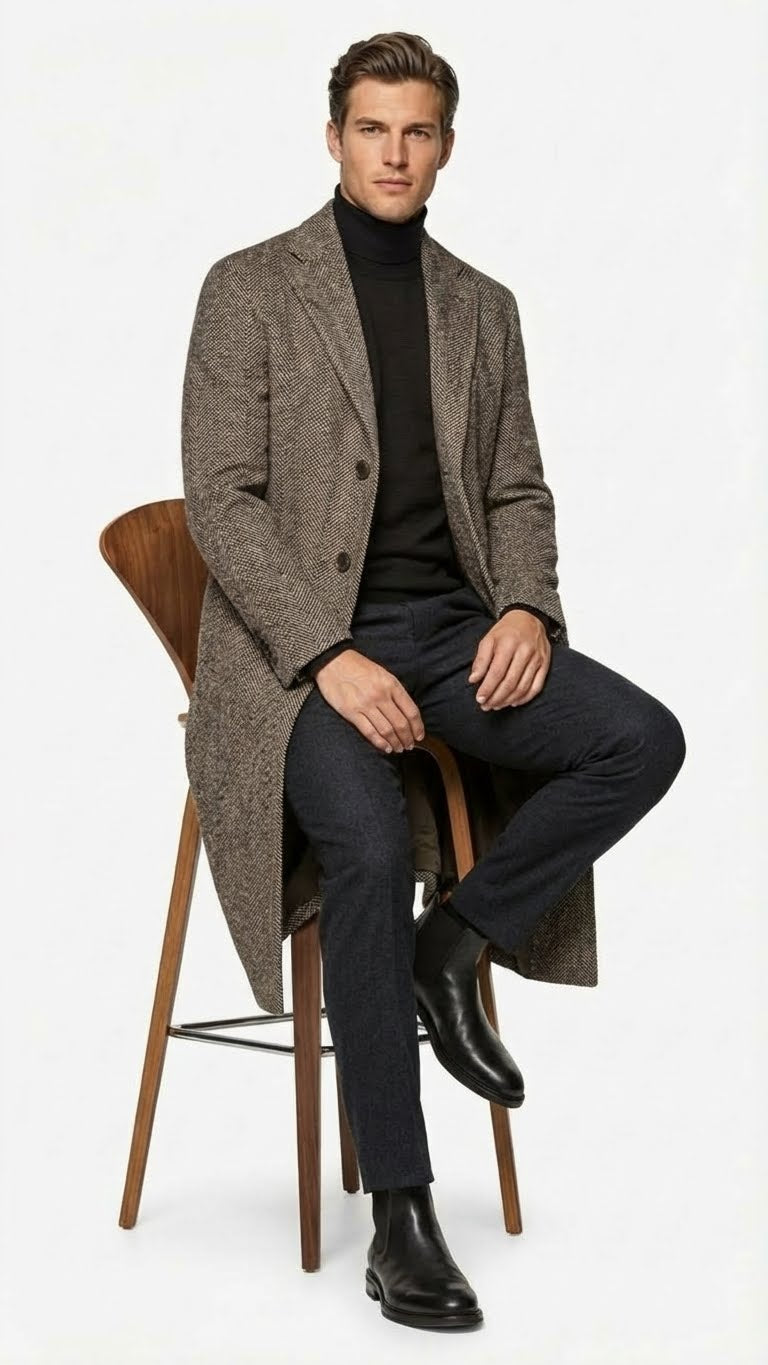 Men’s Black & Grey Herringbone Tweed Wool Blend Overcoat – Classic Single-Breasted Winter Blazer Carcoat