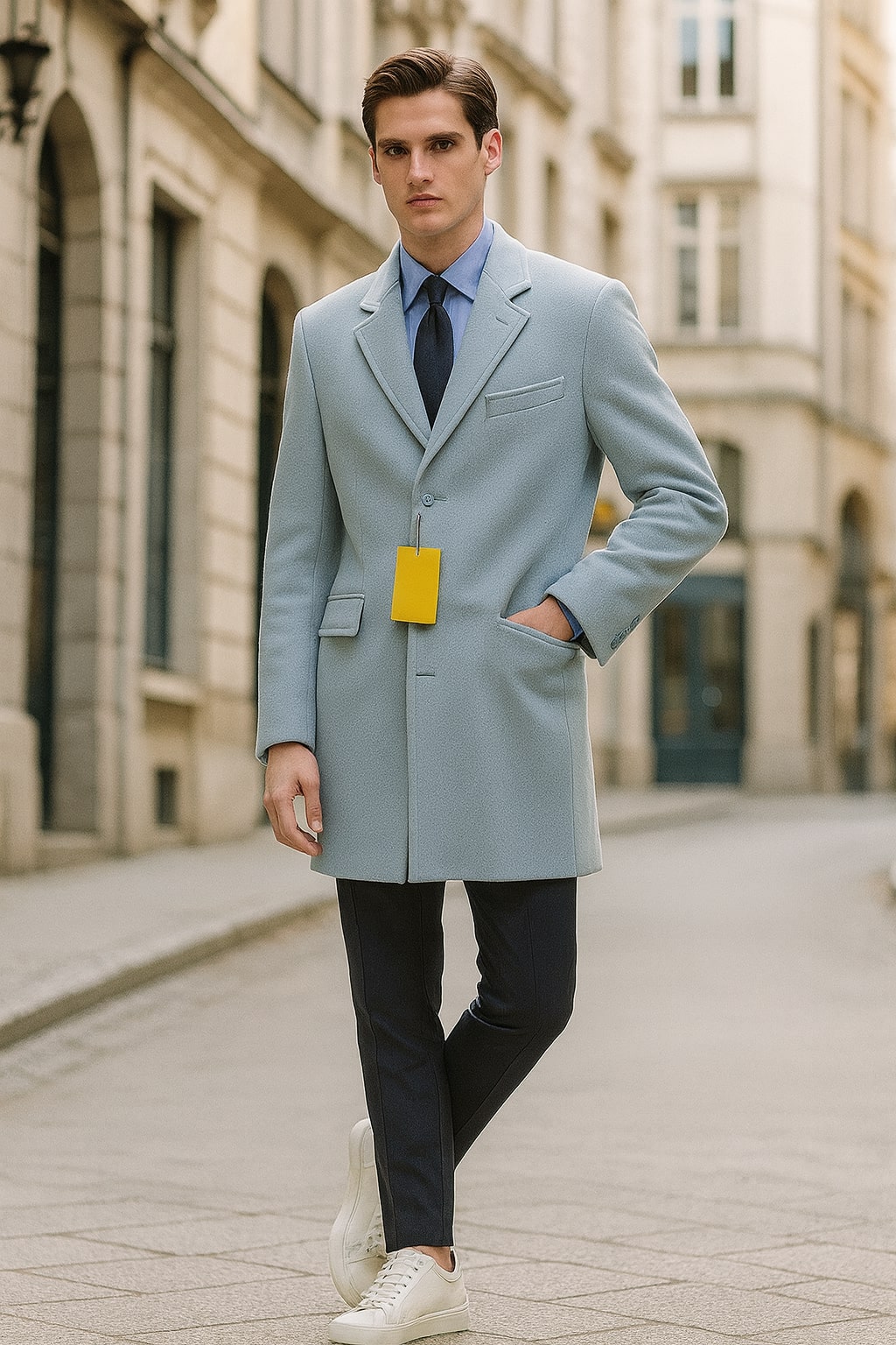 Light Blue Wool Overcoat for Men - Tailored & Modern