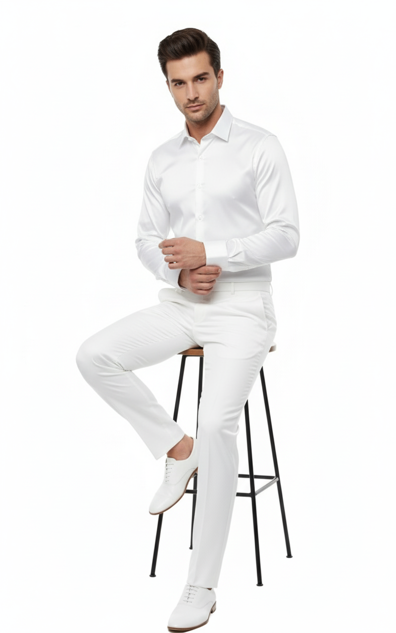 Men’s White Satin Long Sleeve Formal Shirt