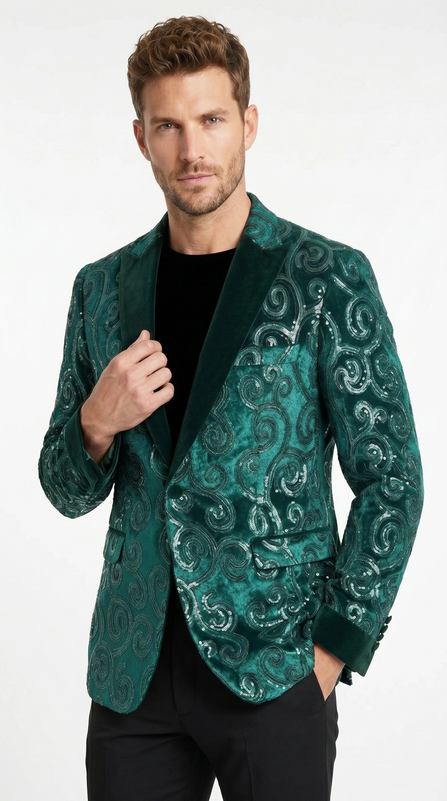 Men’s Emerald Green Paisley Tuxedo Dinner Jacket with Black Lapel, Formal Prom Wedding Party Blazer