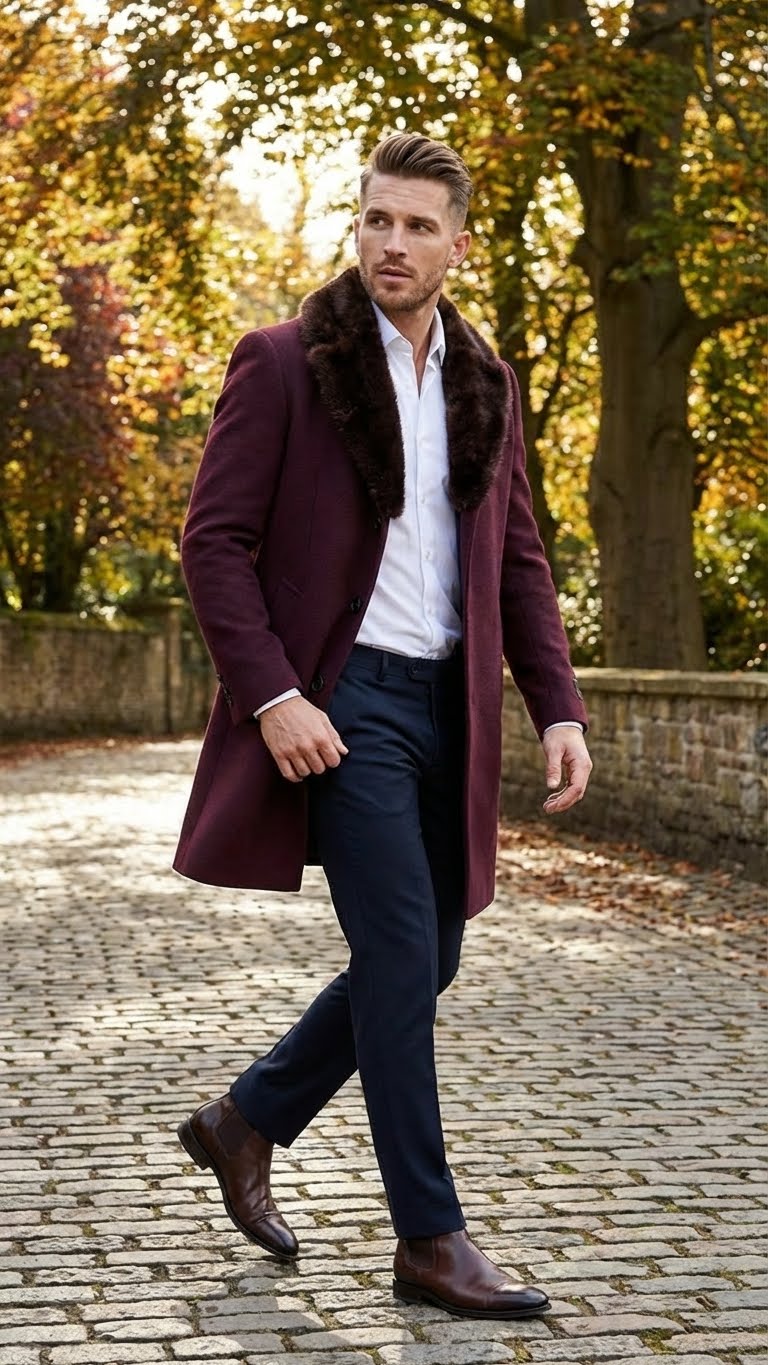 Men’s Burgundy Three Quarter Coat with Faux Fur Collar Overcoat – Luxury Winter Outerwear Three Quarter Carcoat Topcoat