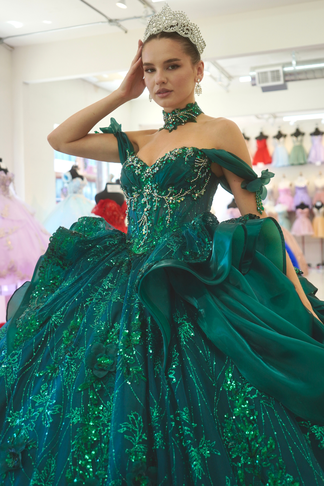 Off-Shoulder Sweetheart Beaded Corset Glitter Ball Gown Quinceañera Dress by Layla K LK313