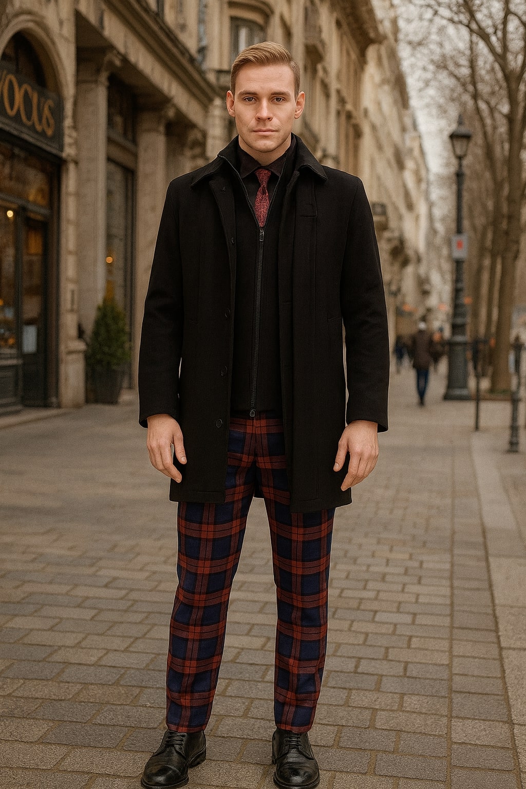 Mens Black Wool Overcoat – Classic Single-Breasted Winter Coat for Business and Formal Wear