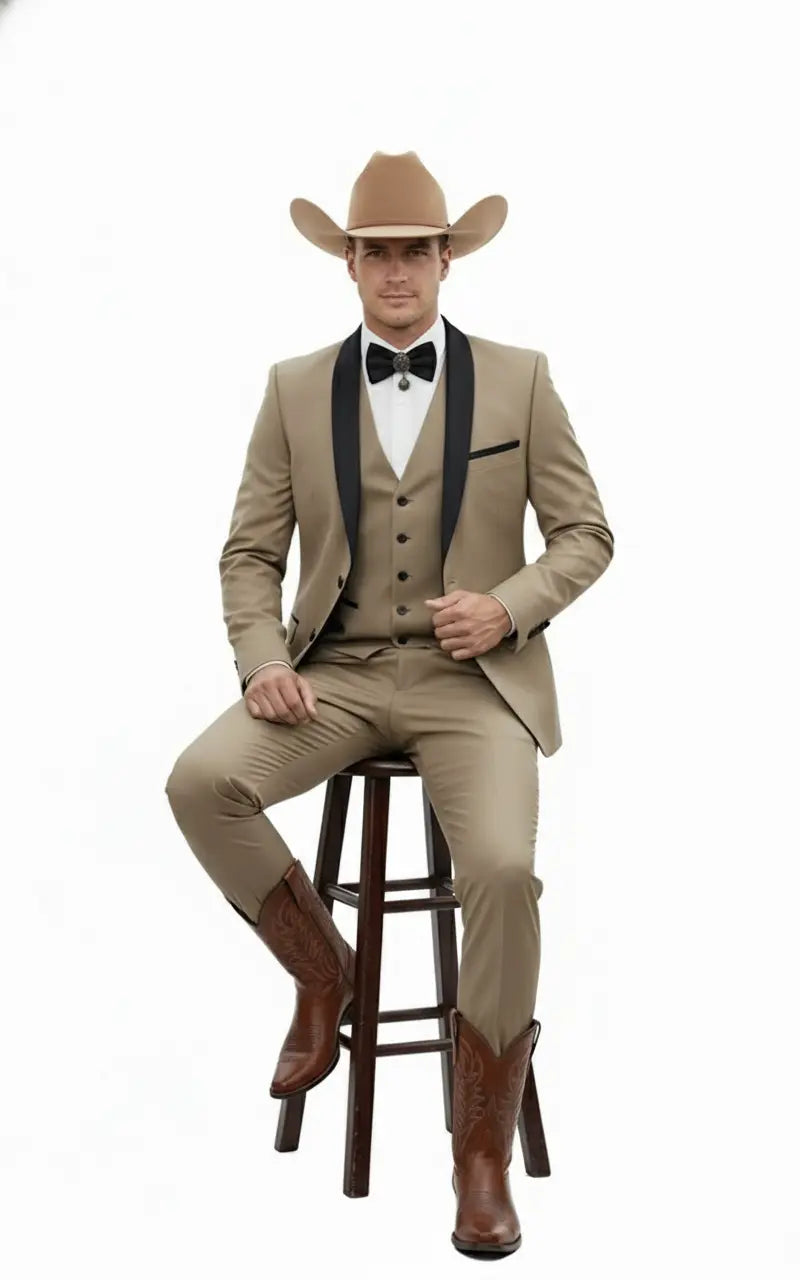 Men’s Western Cowboy Suit – 3-Piece Tan Tuxedo with Black Lapel, Vest, and Pants Beige Color