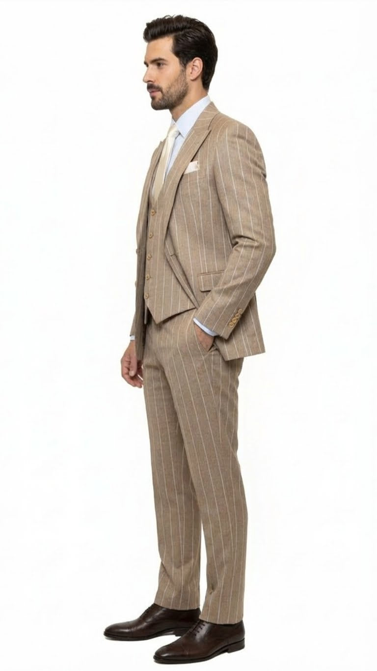 Men's Beige Pinstripe Three-Piece Vested Suit – Tailored Fit Business Attire in Tan Stripe by Rossiman