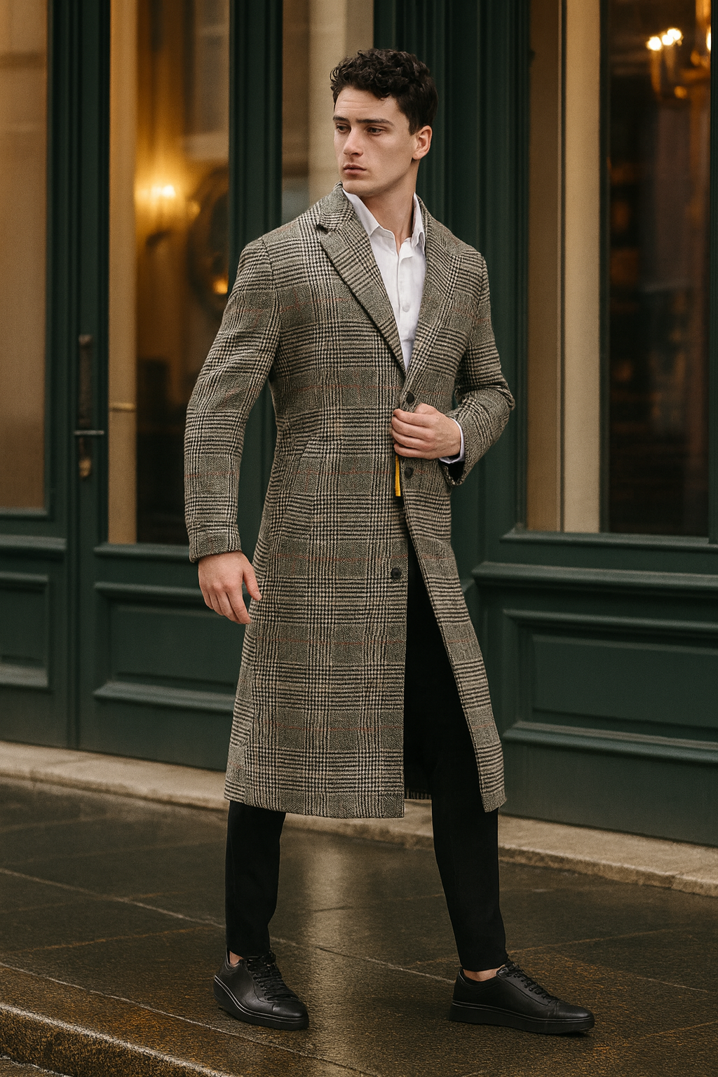 Long Plaid Checkered Wool Blend Overcoat for Men
