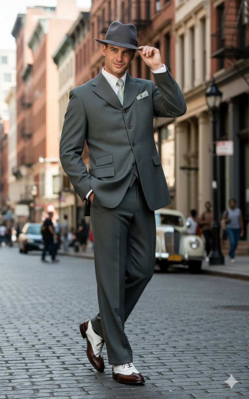 Men’s 1920s Gray Zoot Suit – 4 Buttons Gangster Wide Lapel Long Jacket 3-Piece Suit in Grey Color Classic Fit Pleated Pants
