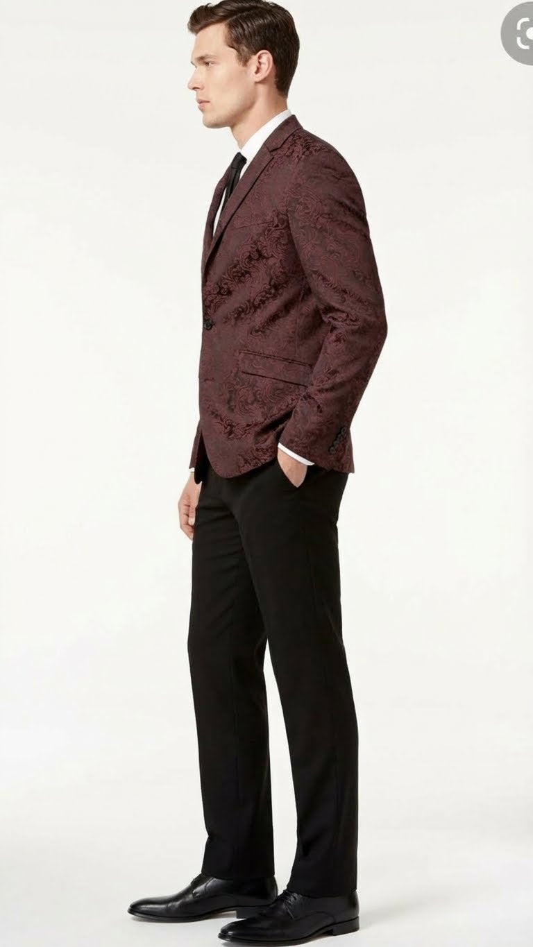 Men’s Burgundy Paisley Blazer Sport Coat – Velvet Dinner Jacket floral in Maroon Wine Color Ultra Slim Fit Smoking Jacket