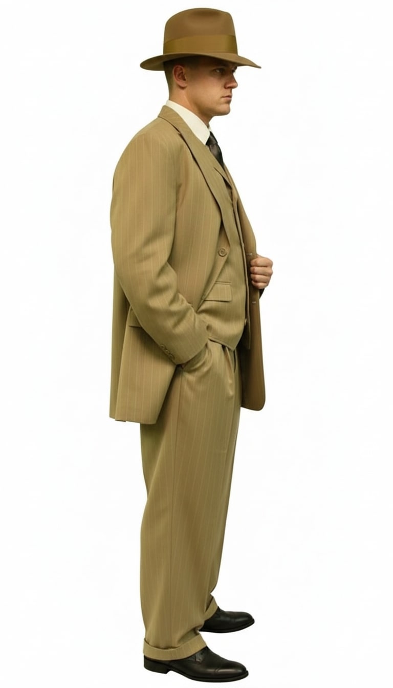 Mens Tan Pinstripe Zoot Suit – 1920s Gangster Vintage 3-Piece Suit with Wide-Leg Pants
