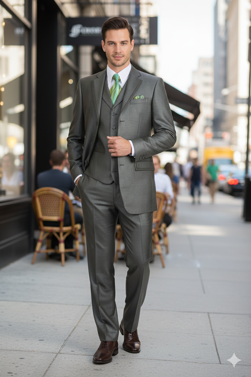 Olive Green Three-Piece Suit Classic Fit, Vest & Tie