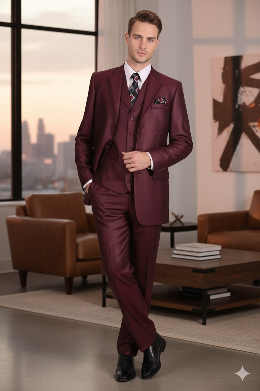 Men's Burgundy Three-Piece Classic Suit