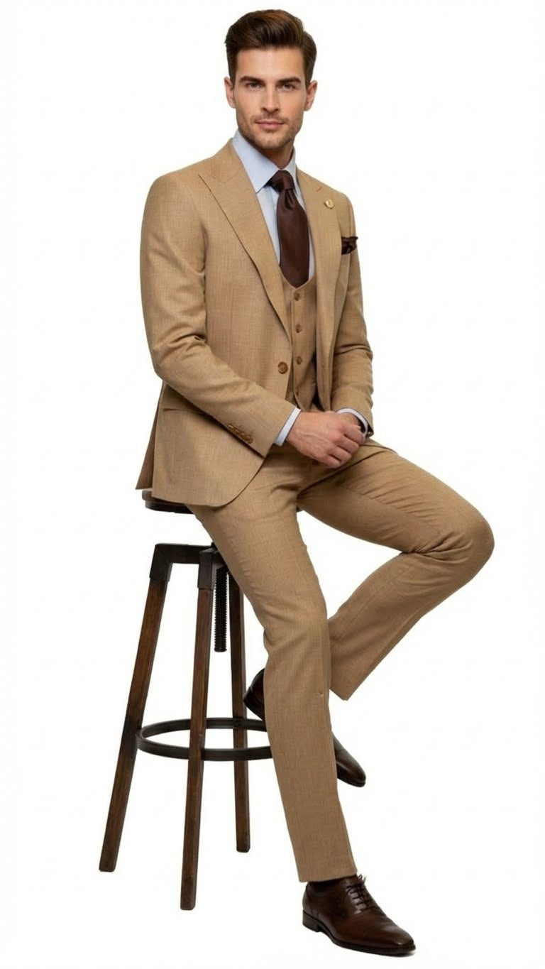 Men's Tan Three-Piece Suit with Vest – Classic Tailored Fit in camel khaki Bronze color By Rossiman