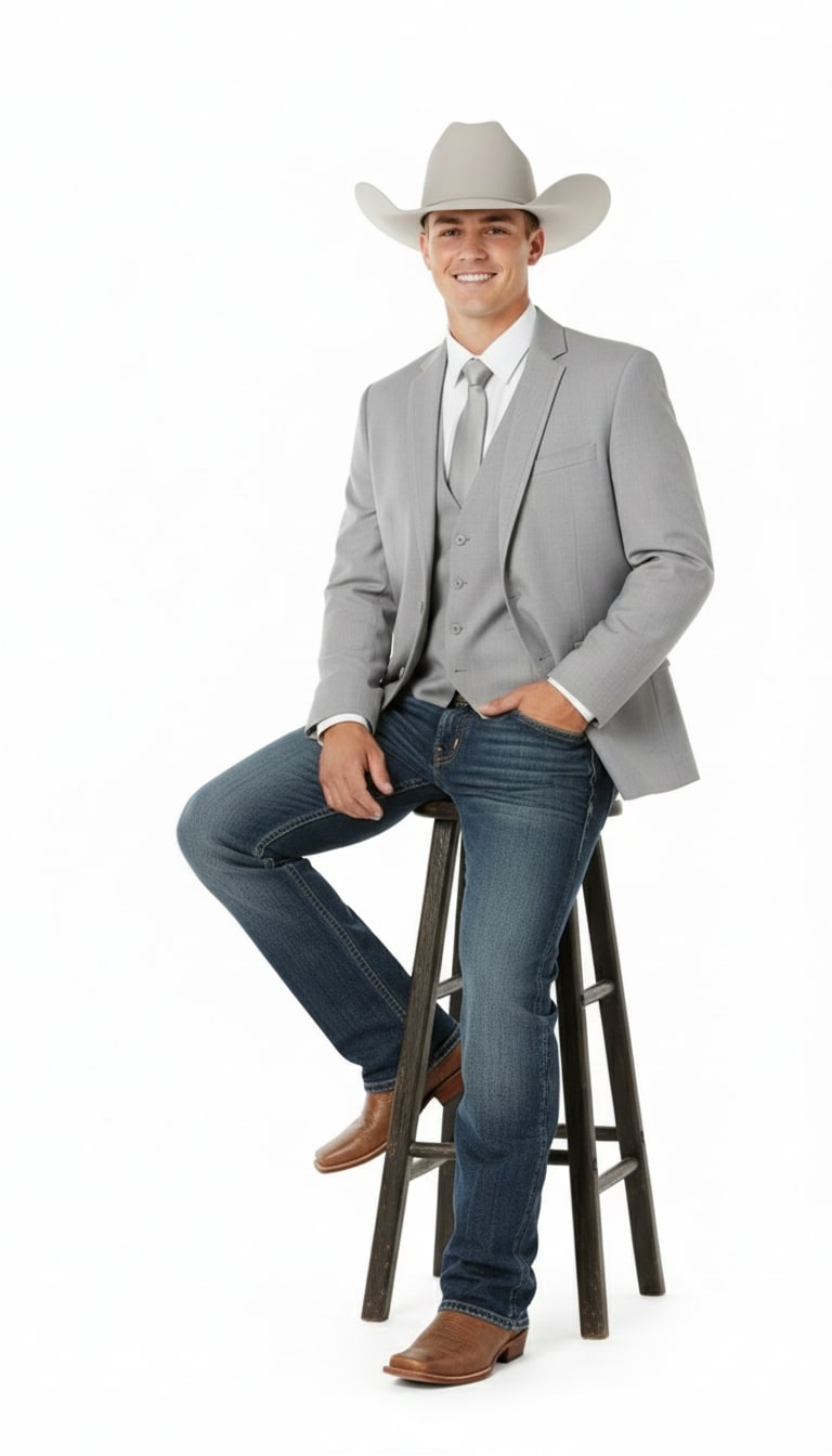 Mens Western Wedding Blazer – Light Gray Cowboy Suit Jacket for Rustic and Country Weddings