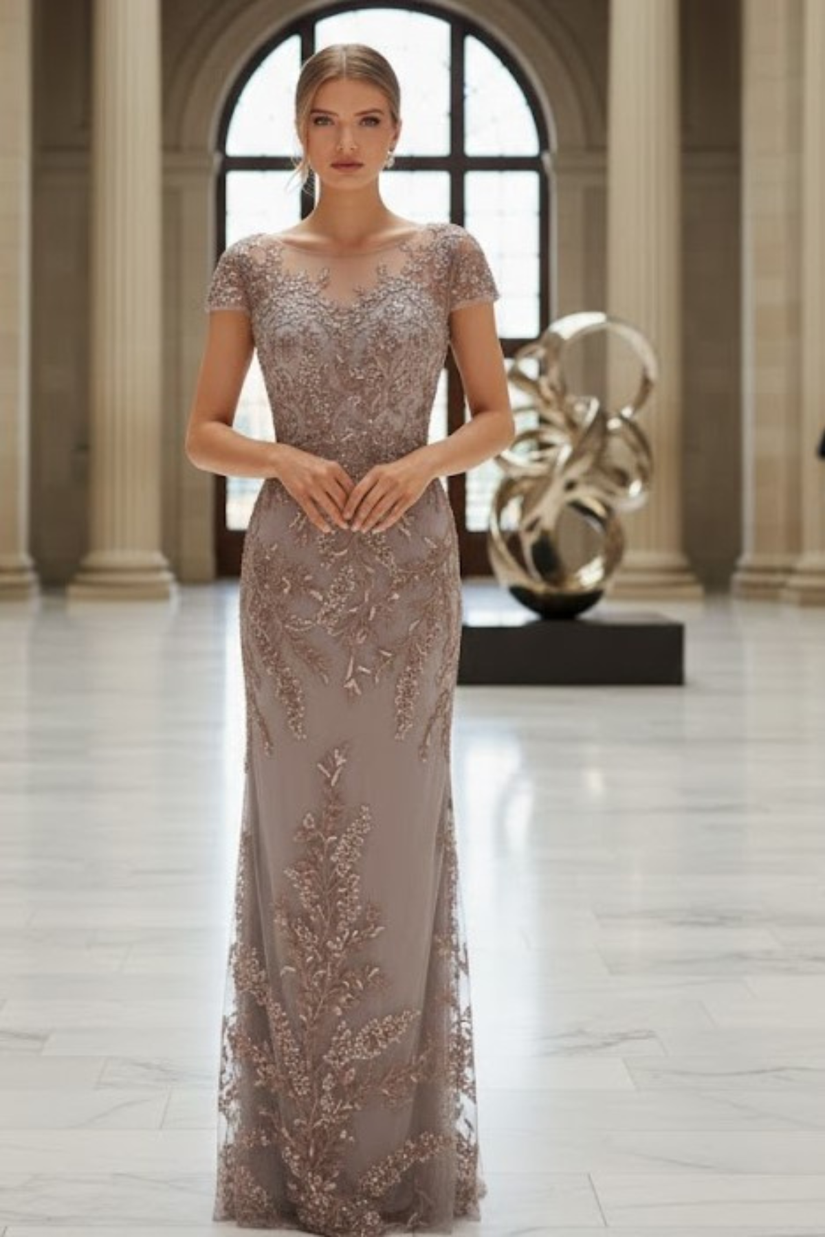 Nox Anabel MT110 Stunning Appliqué Short Sleeve Gown