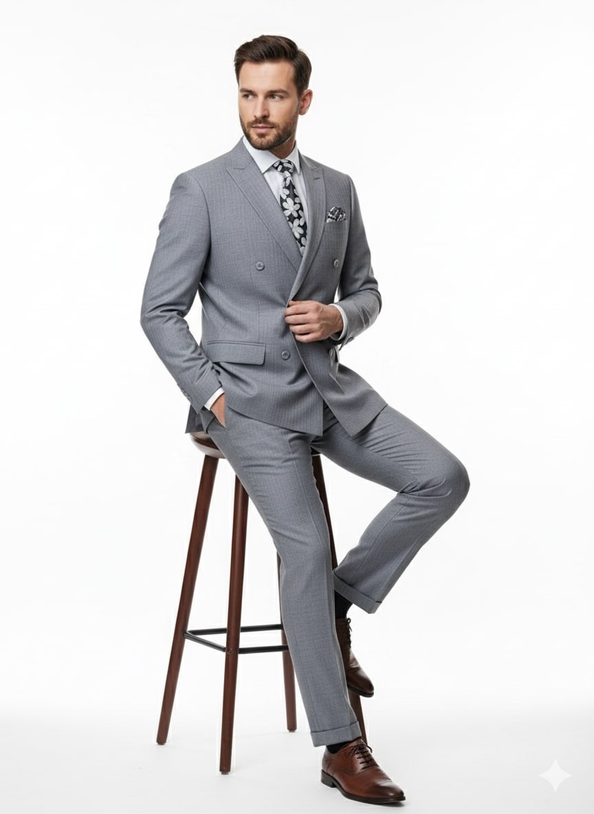 Grey Double-Breasted Slim Fit Suit