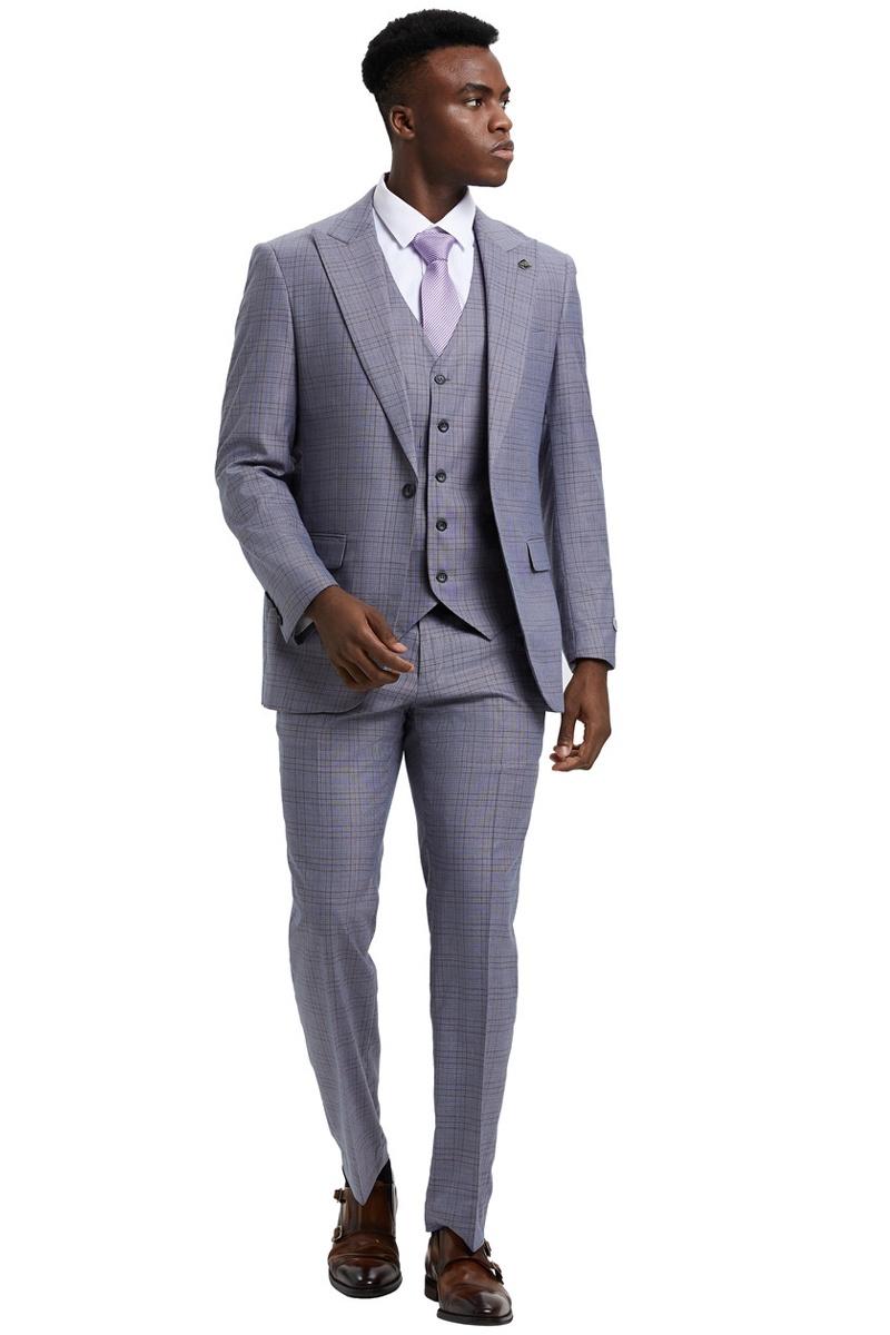 Stacy Adams Light Grey Windowpane Plaid 3-Piece Suit