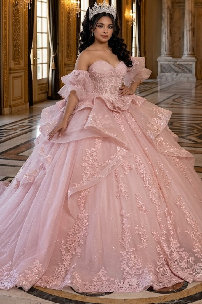 Quinceañera Ball Gown with Corset Bodice 3D Lace Appliqués & Detachable Train By Layla K LK289