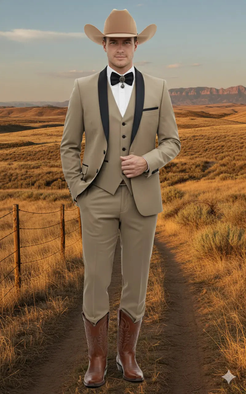 Men’s Western Cowboy Suit – 3-Piece Tan Tuxedo with Black Lapel, Vest, and Pants Beige Color