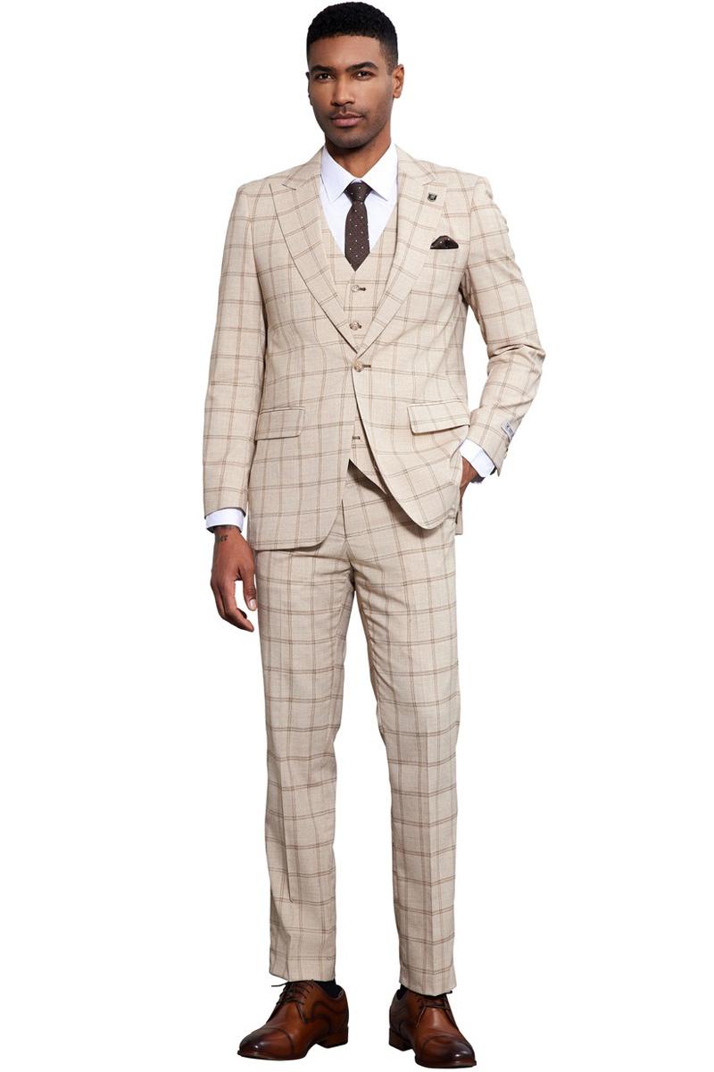 Stacy Adams One Button Windowpane Plaid Suit Tan
