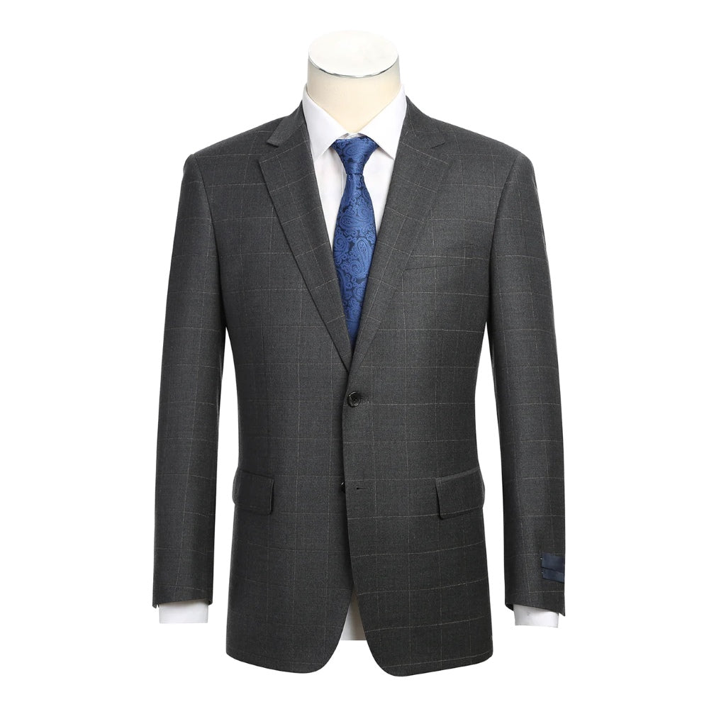 Gray Wool Blend Windowpane Suit, Regular Fit