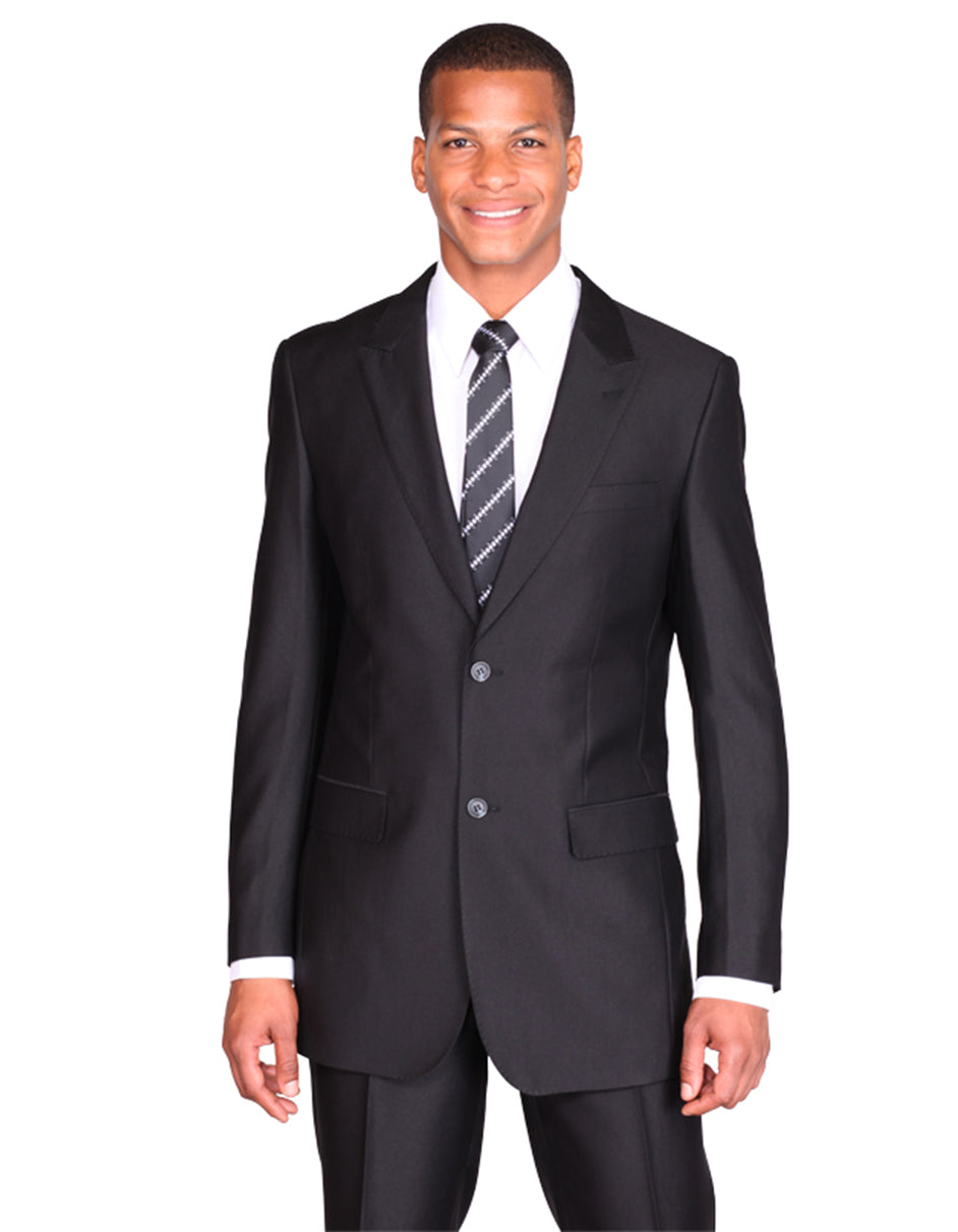 Men's Peak Lapel Black Sharkskin 2 Button Suit