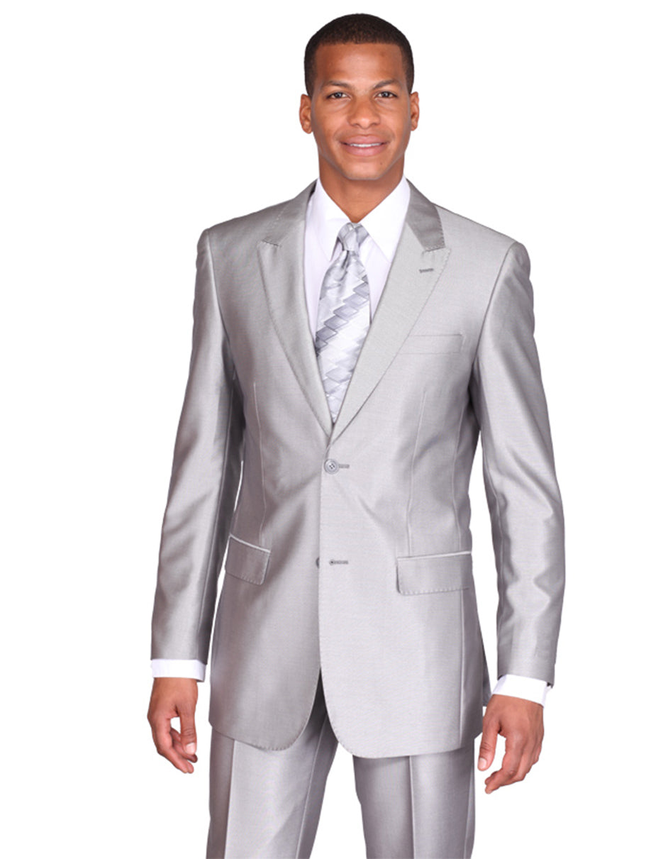 2 Button Silver Grey Sharkskin Suit with Peak Lapel