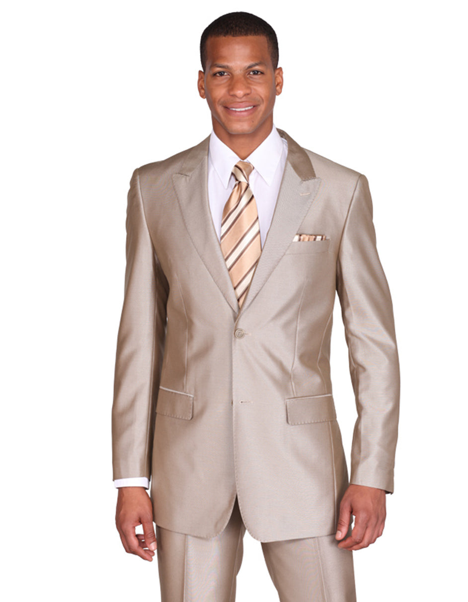 Tan 2 Button Peak Lapel Sharkskin Suit for Men