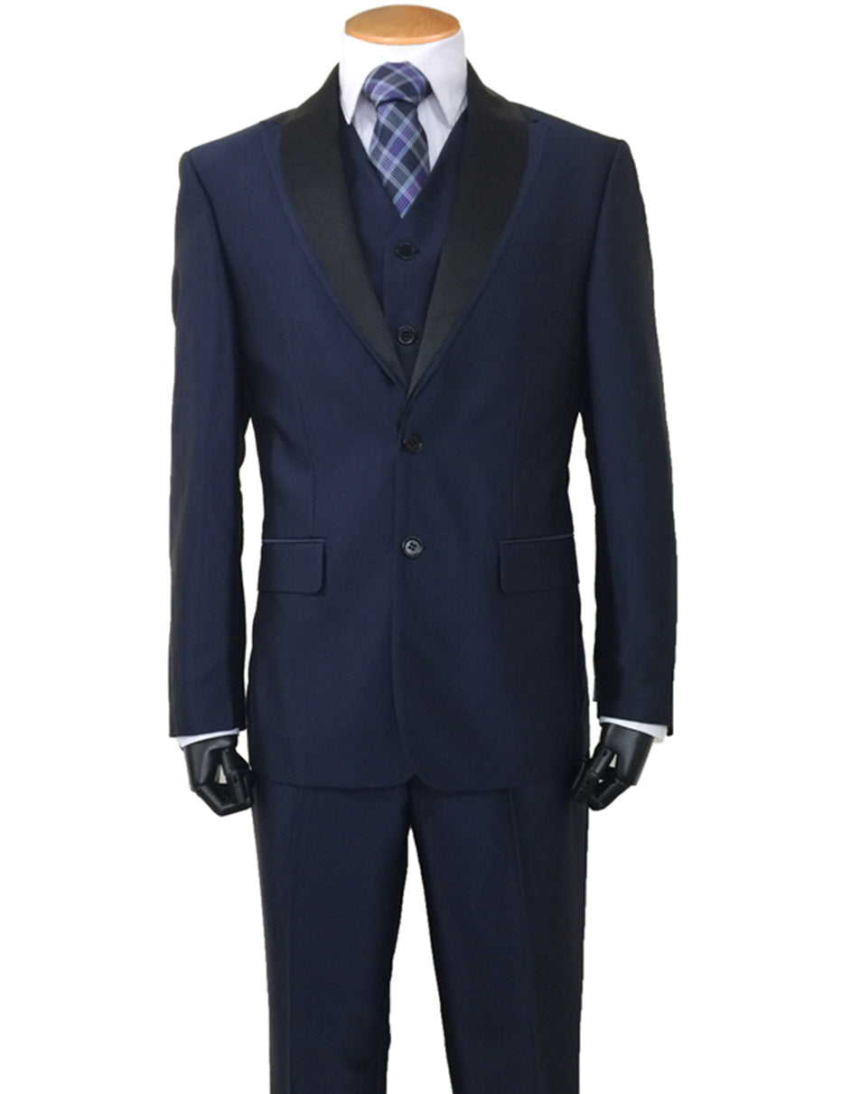 Navy Sharkskin Tuxedo with Satin Shawl Lapel